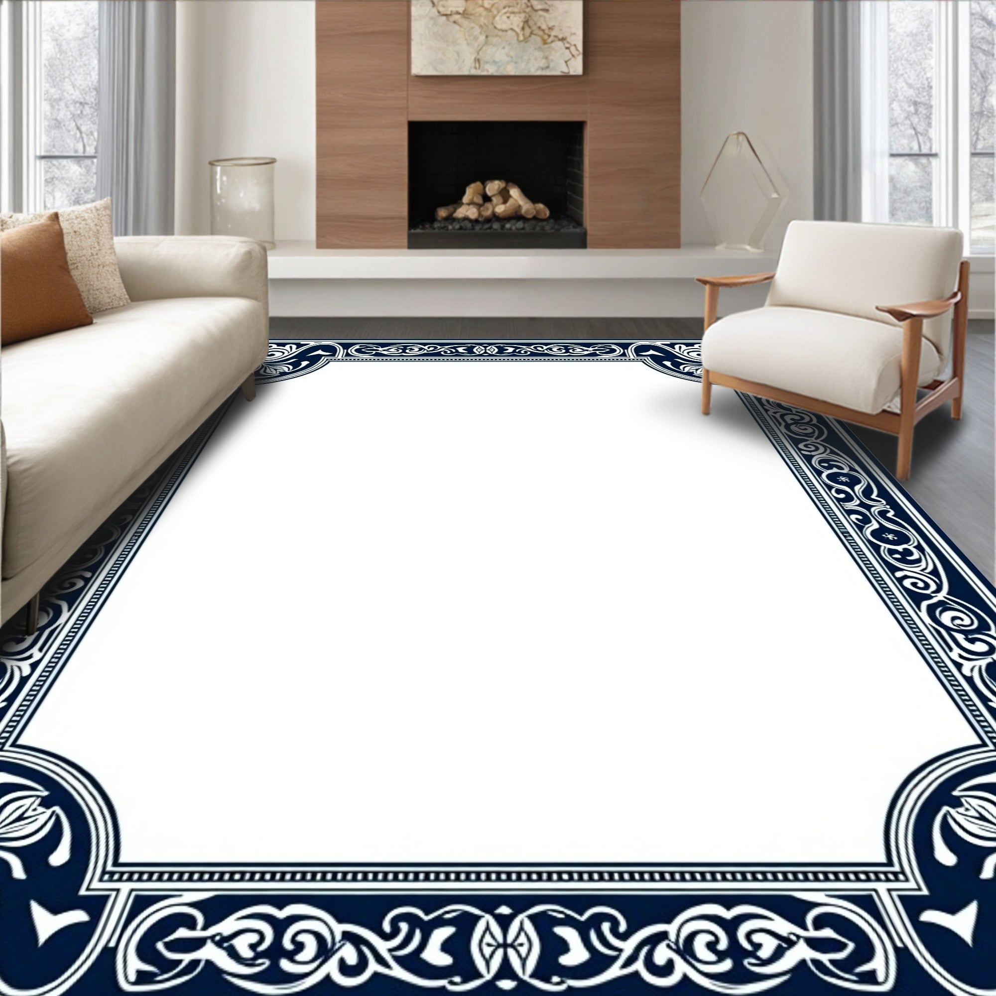 Ornate Navy Blue Floral Border Rug