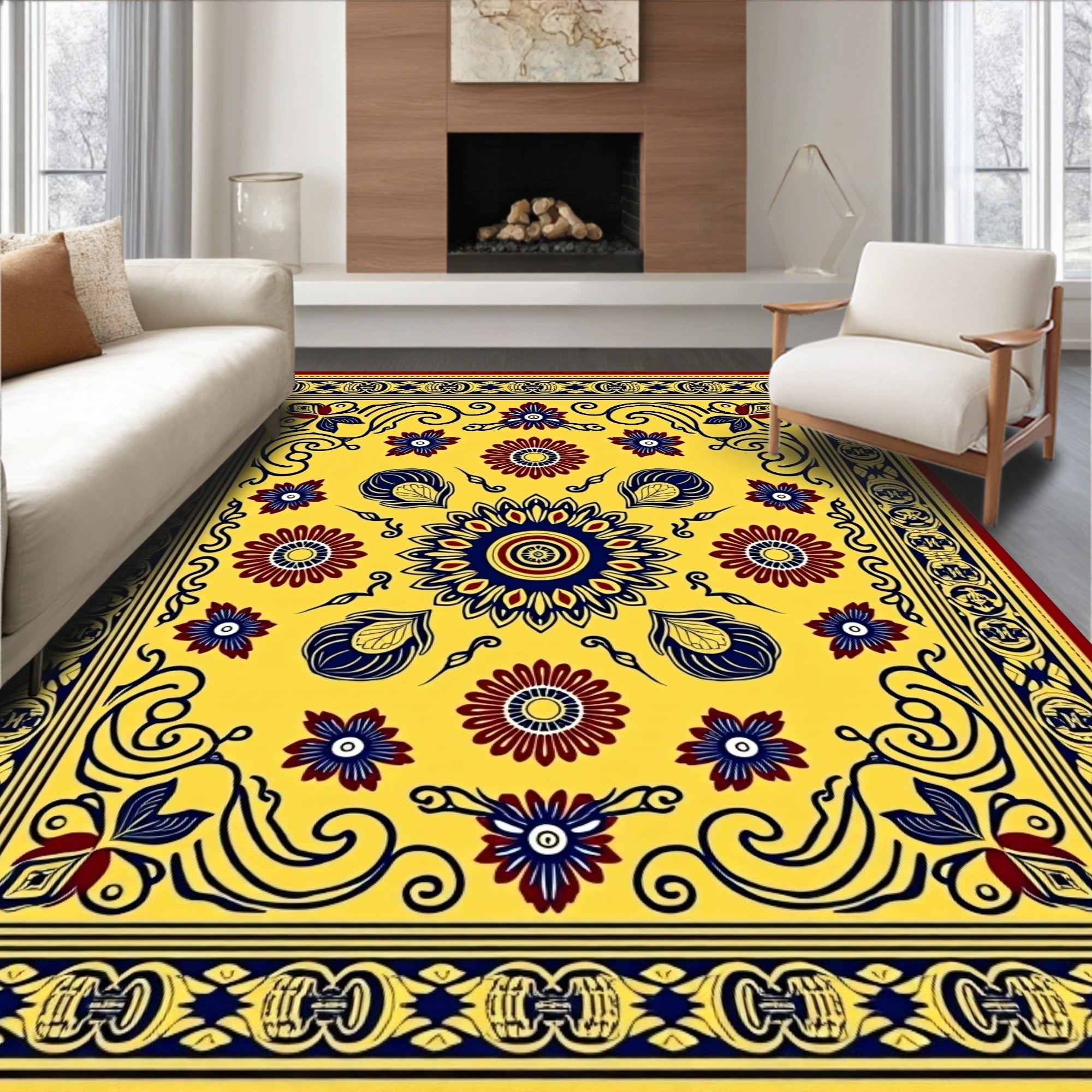 Golden Yellow Red Blue Floral Medallion Rug