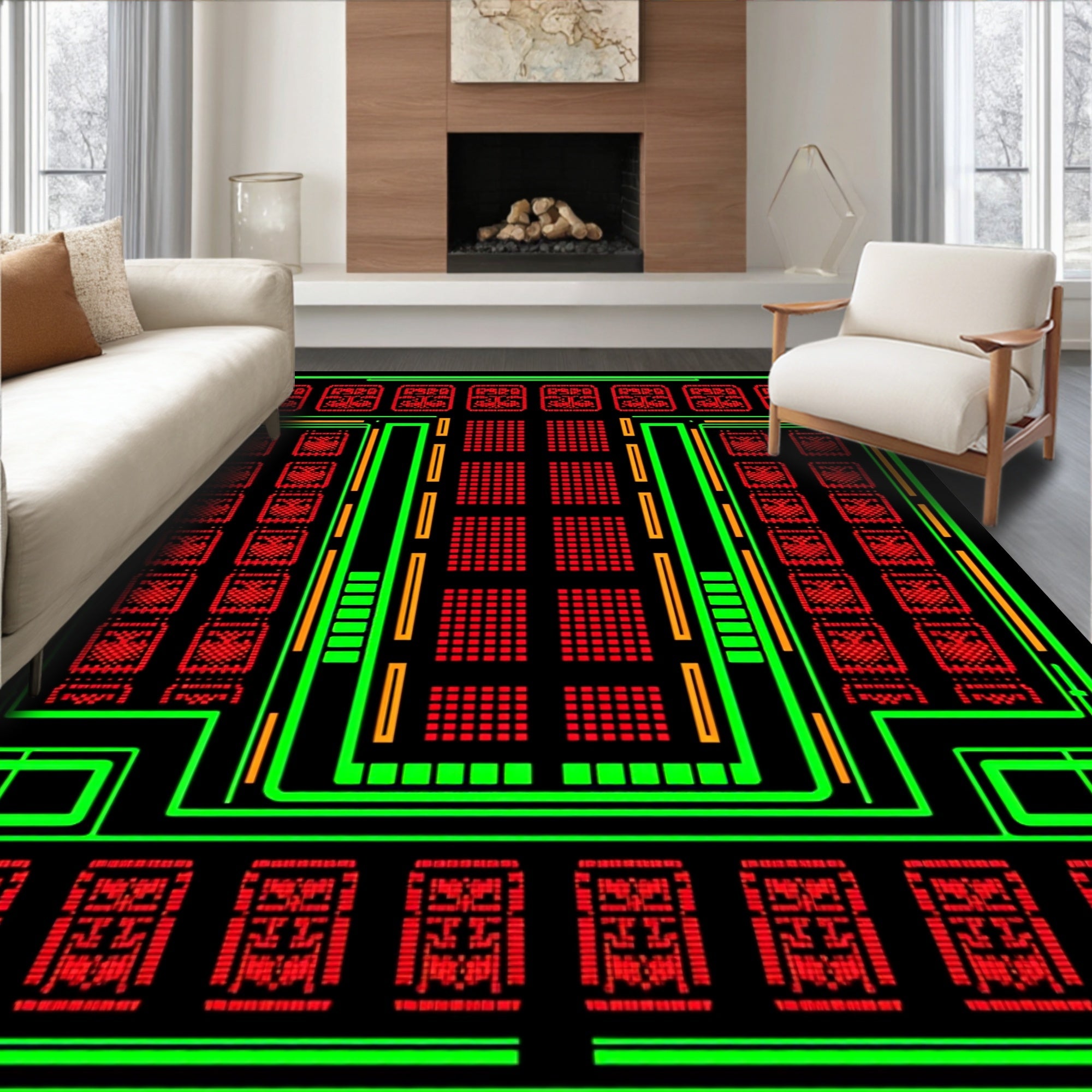 Red Green Geometric Square Repeat Rug