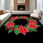 Festive Red Poinsettia Green Leaf Wreath Rug