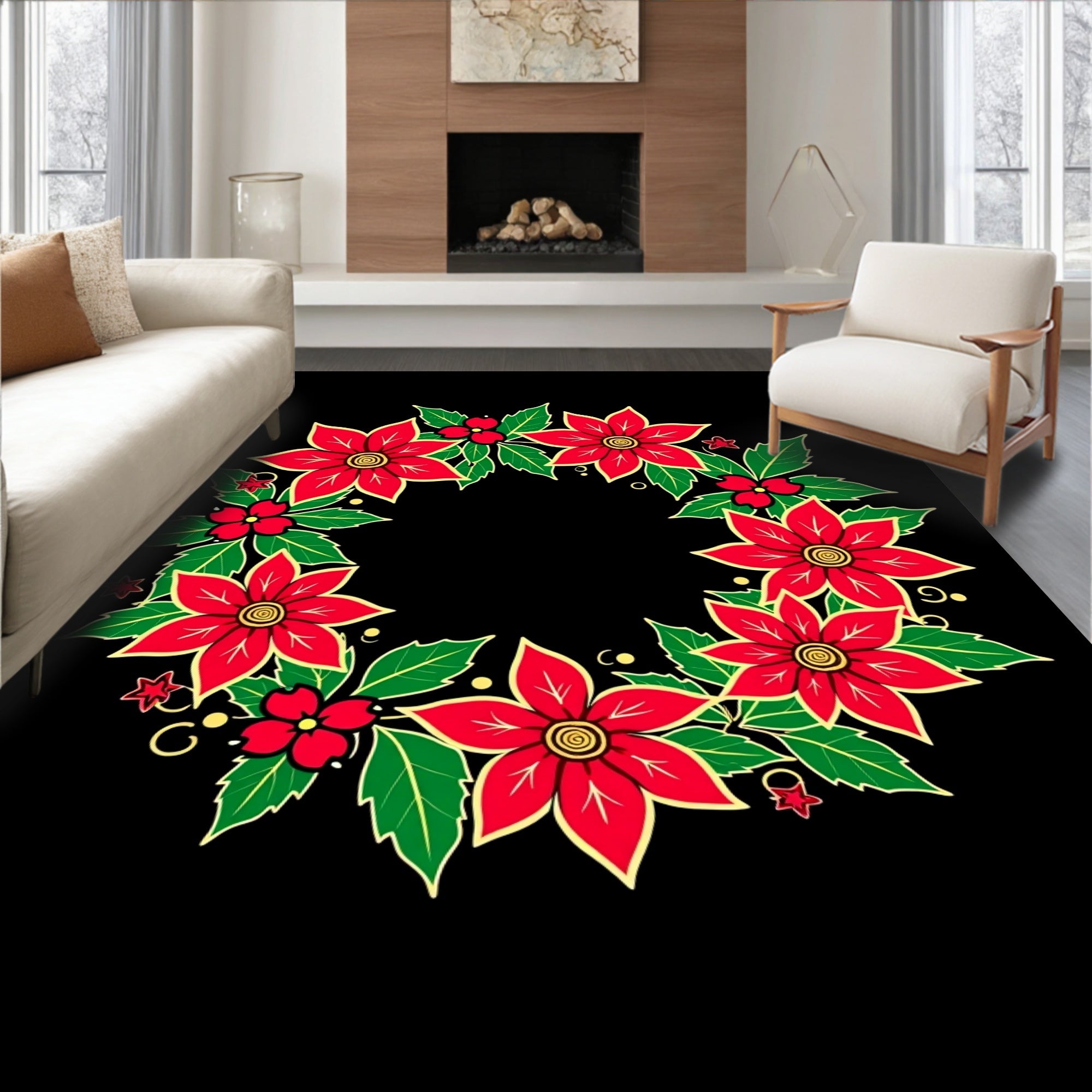 Festive Red Poinsettia Green Leaf Wreath Rug