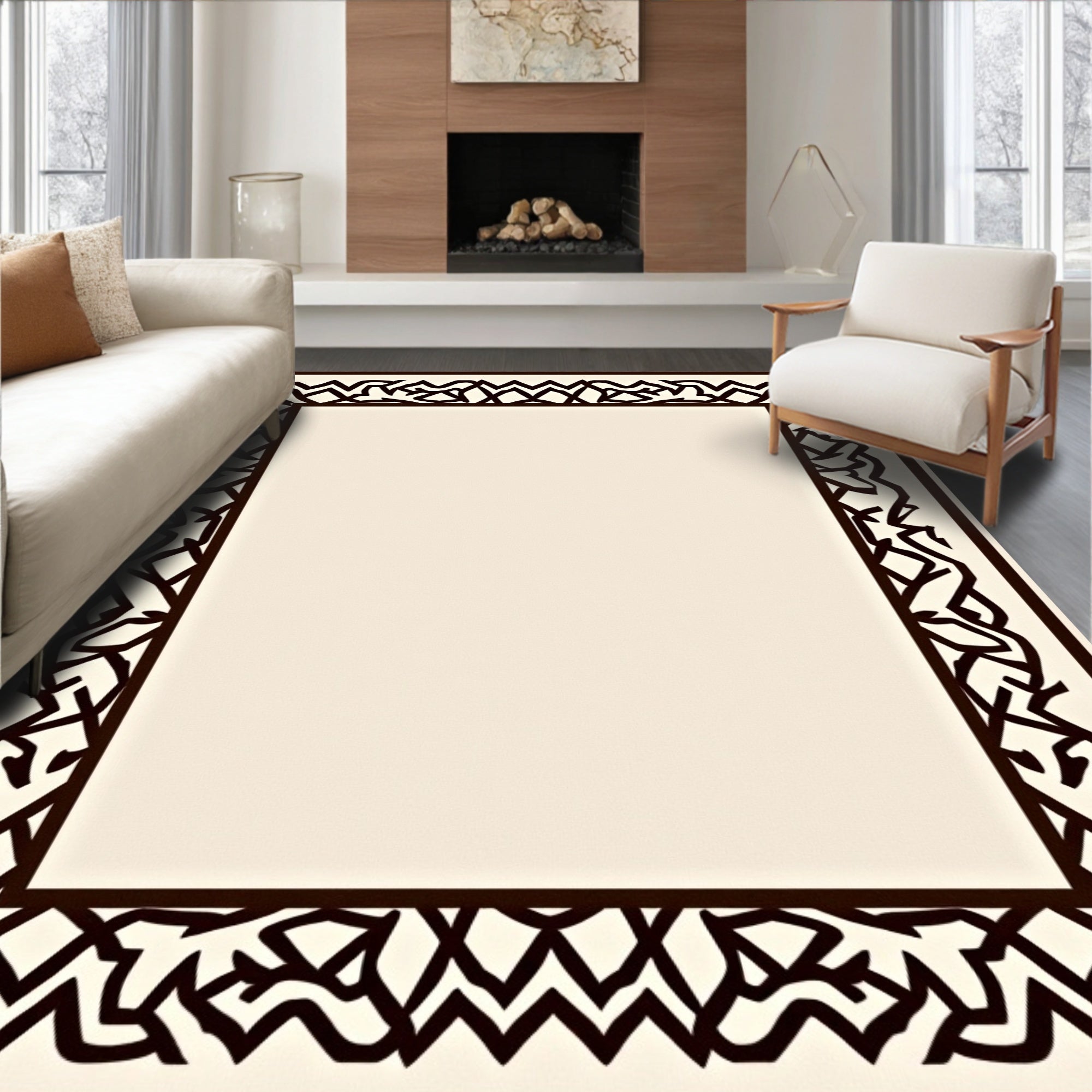 Dark Brown Intertwined Geometric Border Rug