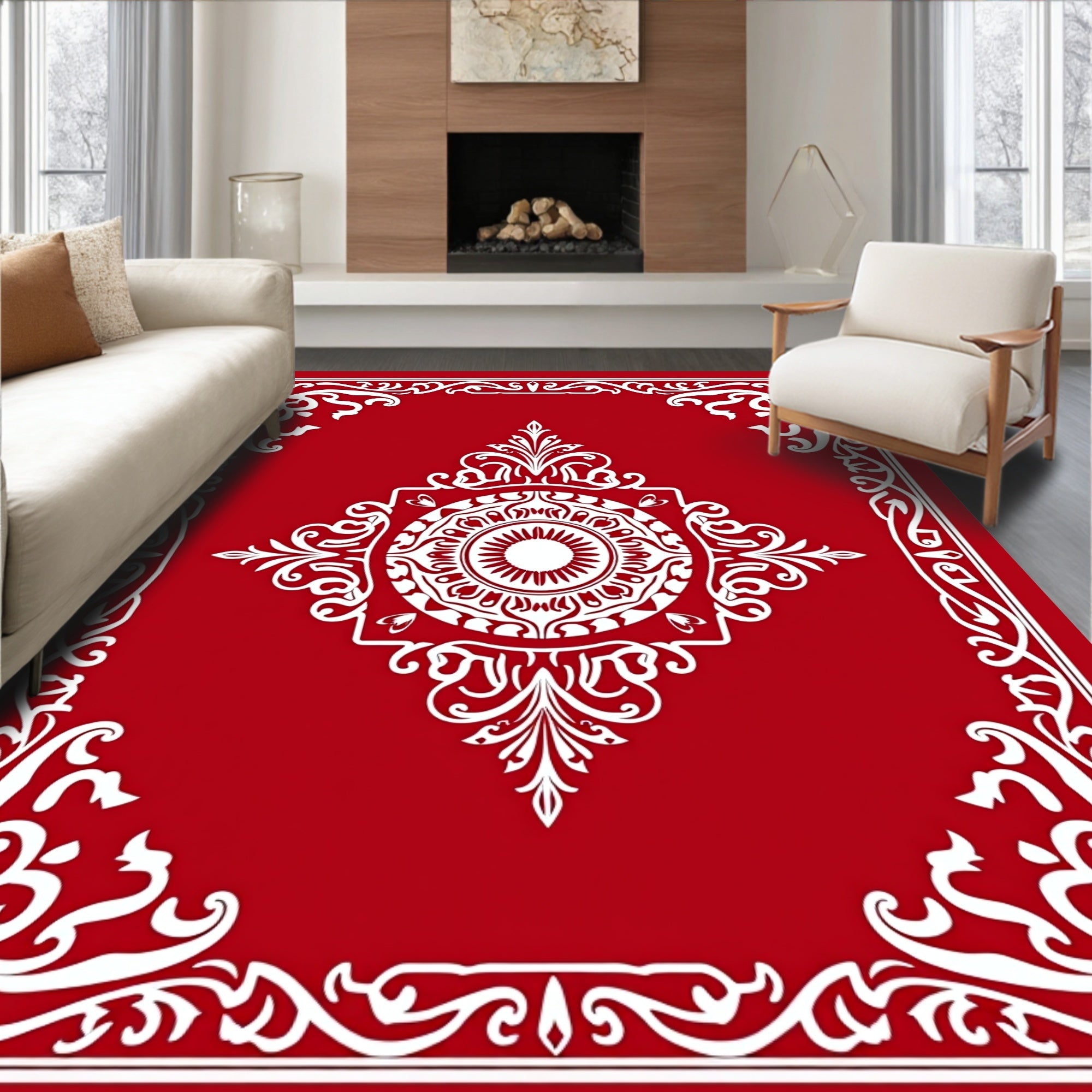 Crimson White Elaborate Medallion Frame Rug