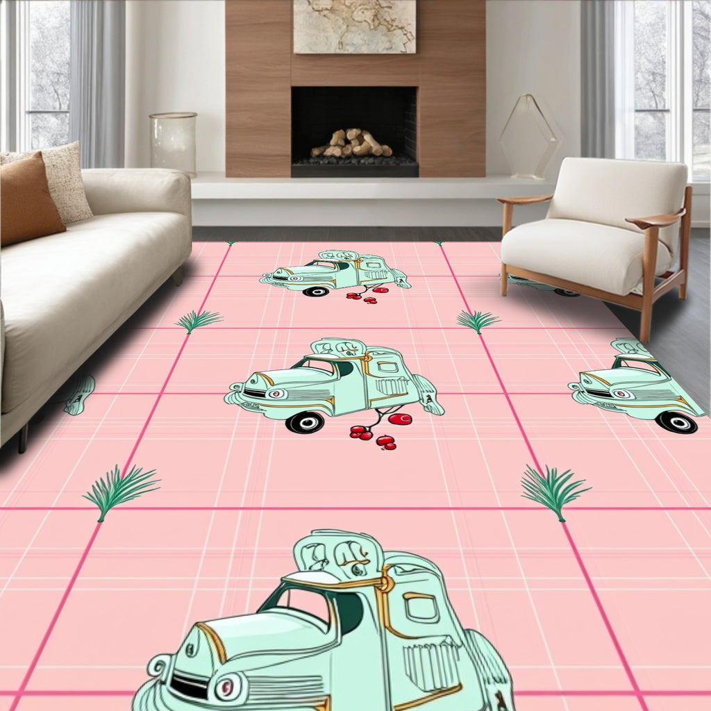 Light Blue Retro Truck Plaid Rug