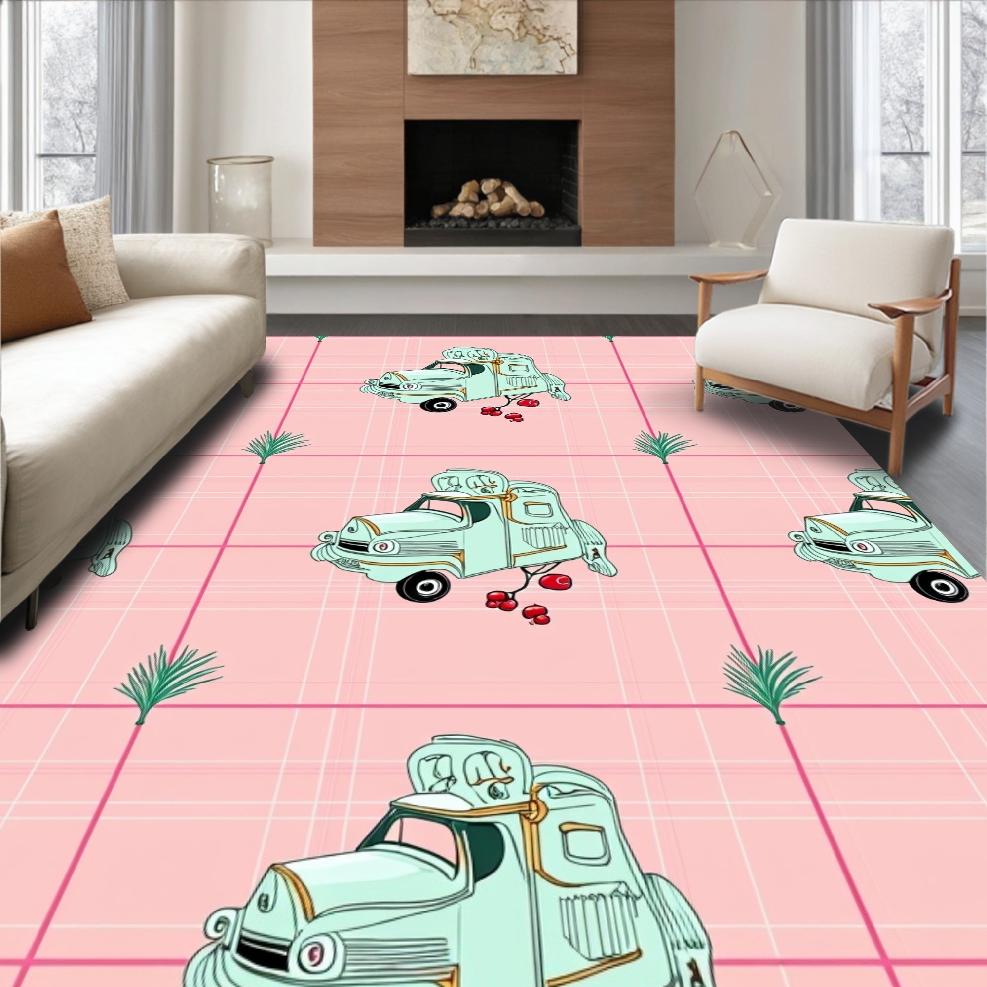 Light Blue Retro Truck Plaid Rug