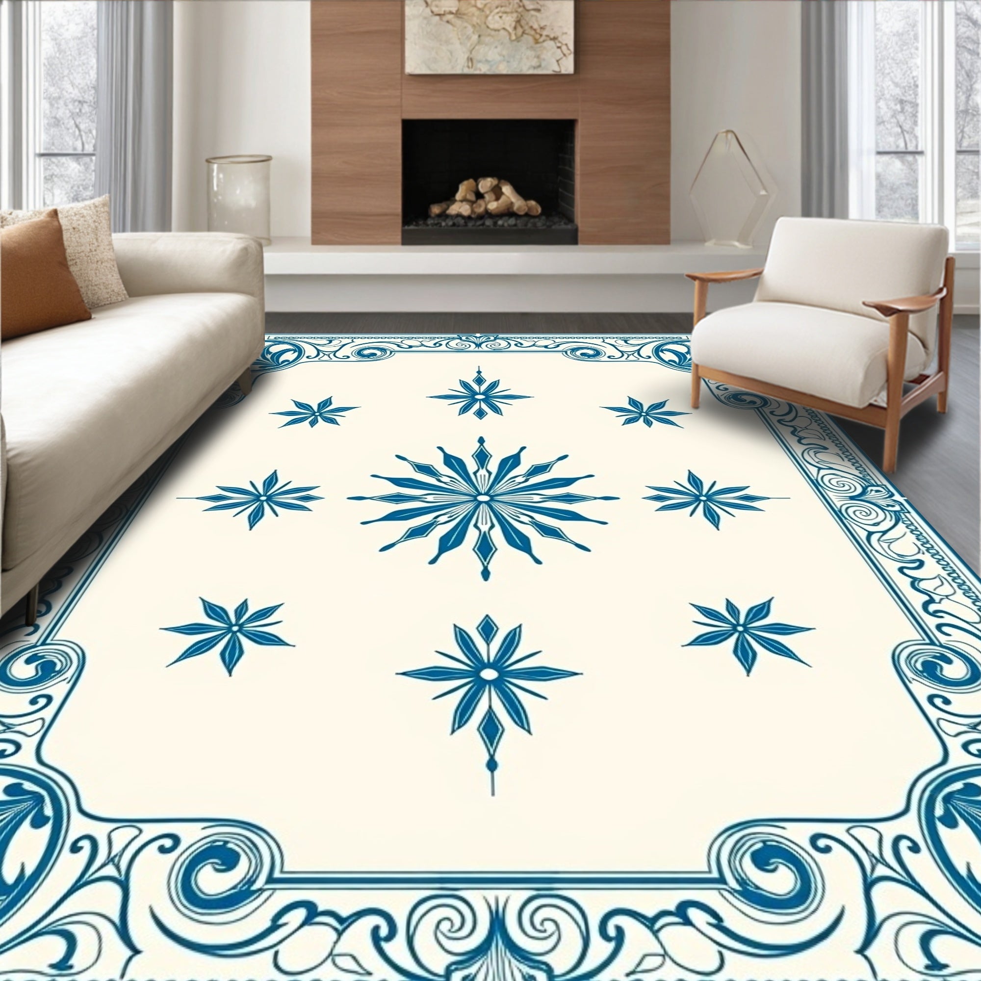 Deep Blue Starburst Floral Frame Rug