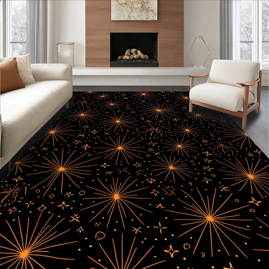 Orange Fireworks Burst Starry Night Rug