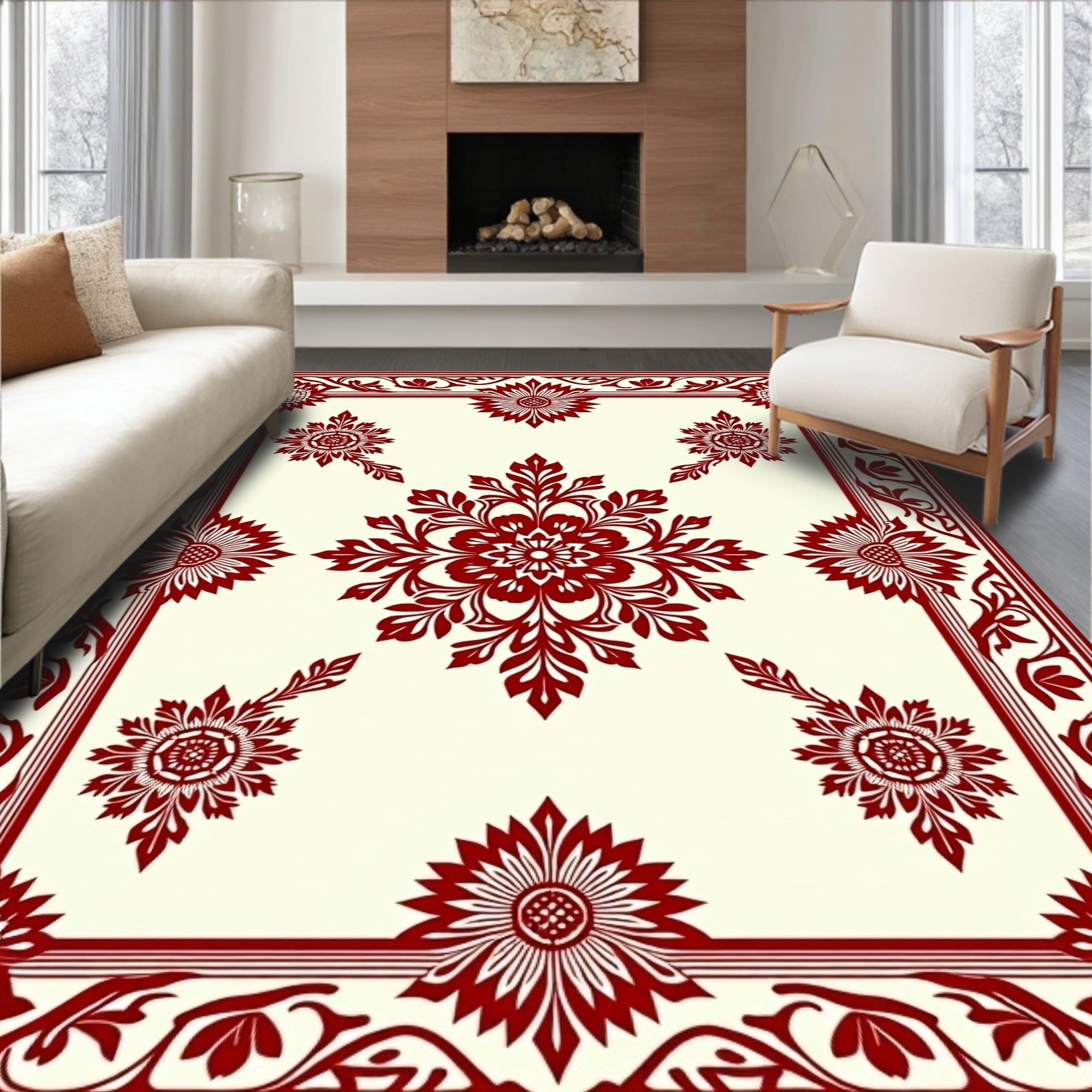 Crimson Floral Garden Medallion Border Rug