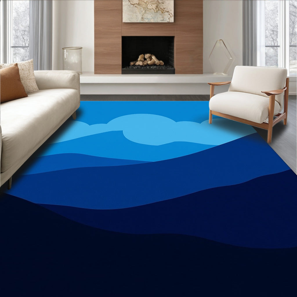 Deep Blue Layered Mountain Landscape Rug