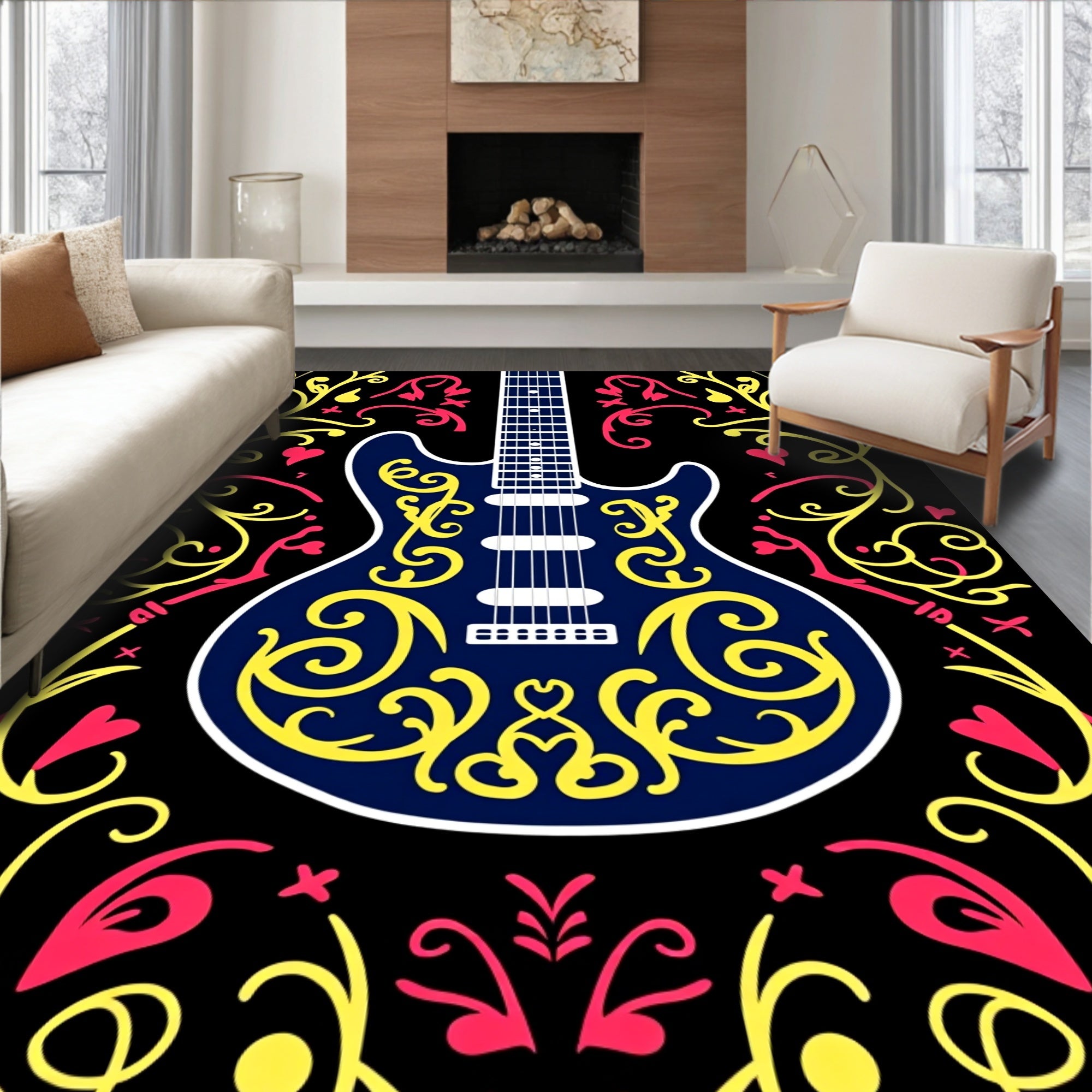 Electric Guitar Crimson Yellow Swirls Rug