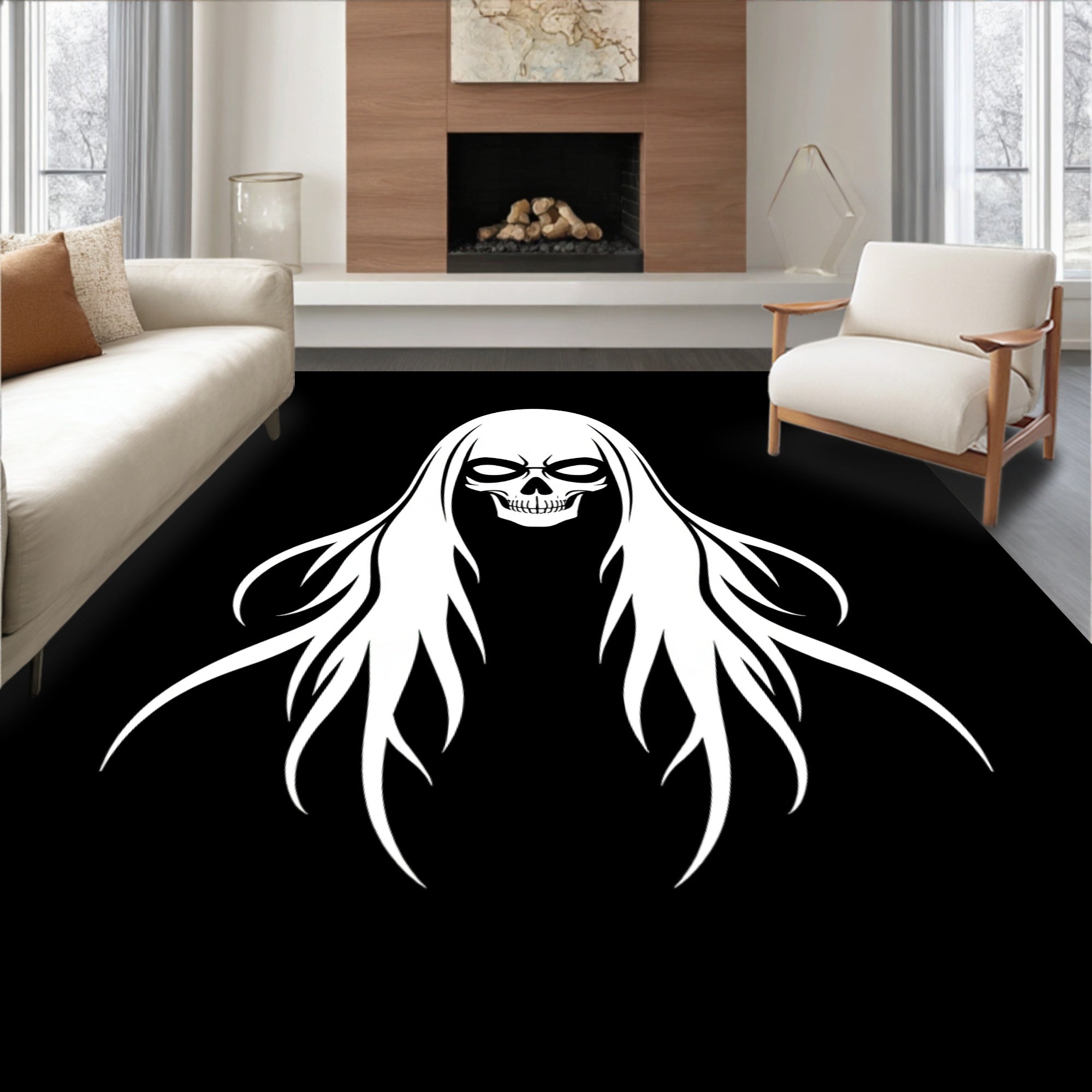 White Skull With Flowing White Hair Rug