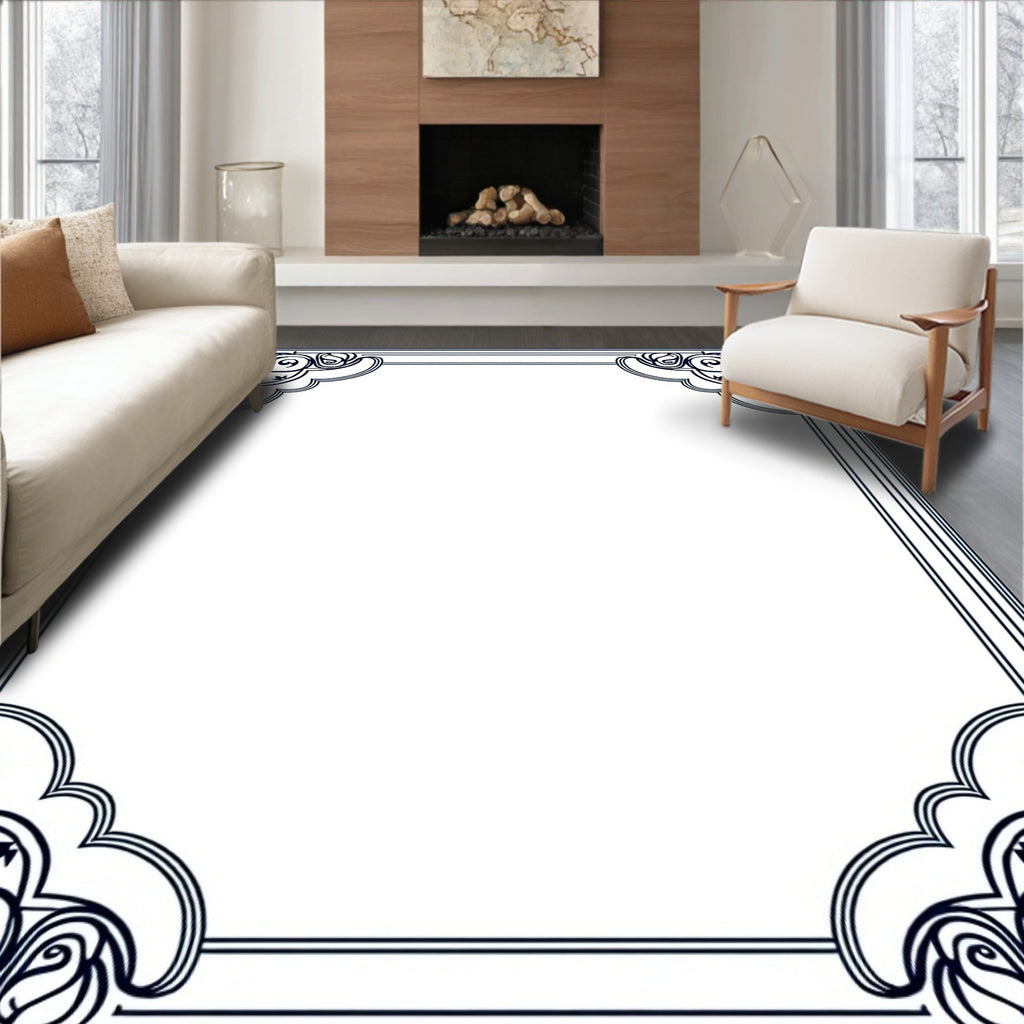 Elegant Navy Blue Filigree Border Rug