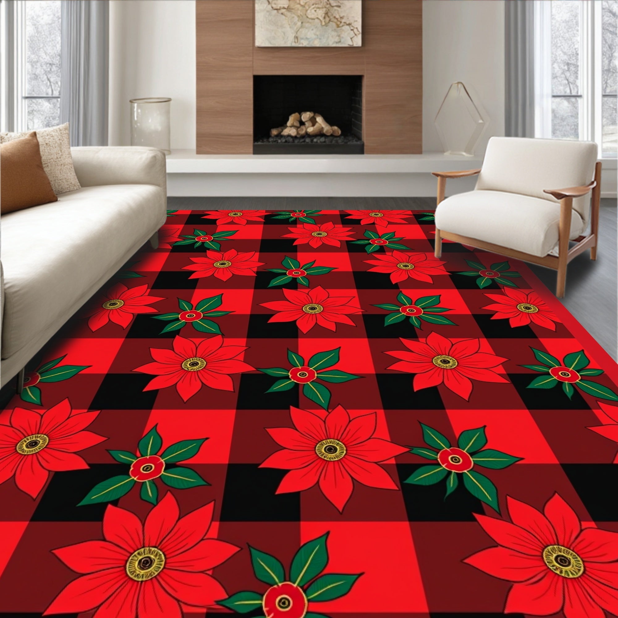 Red Black Buffalo Plaid Poinsettia Medallions Rug