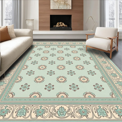 Aqua Cream Floral Medallion Border Rug