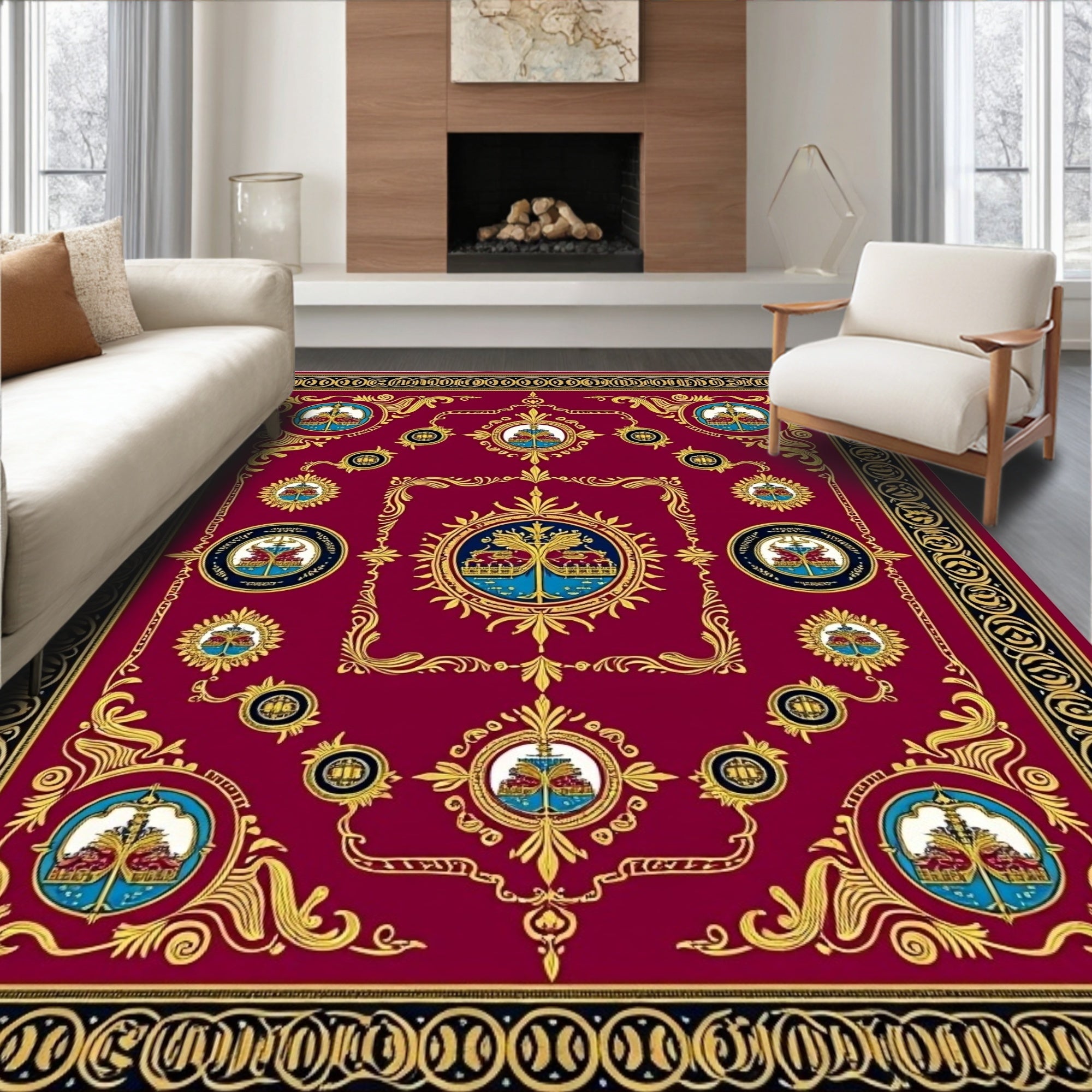 Regal Burgundy Gold Crest Medallion Rug