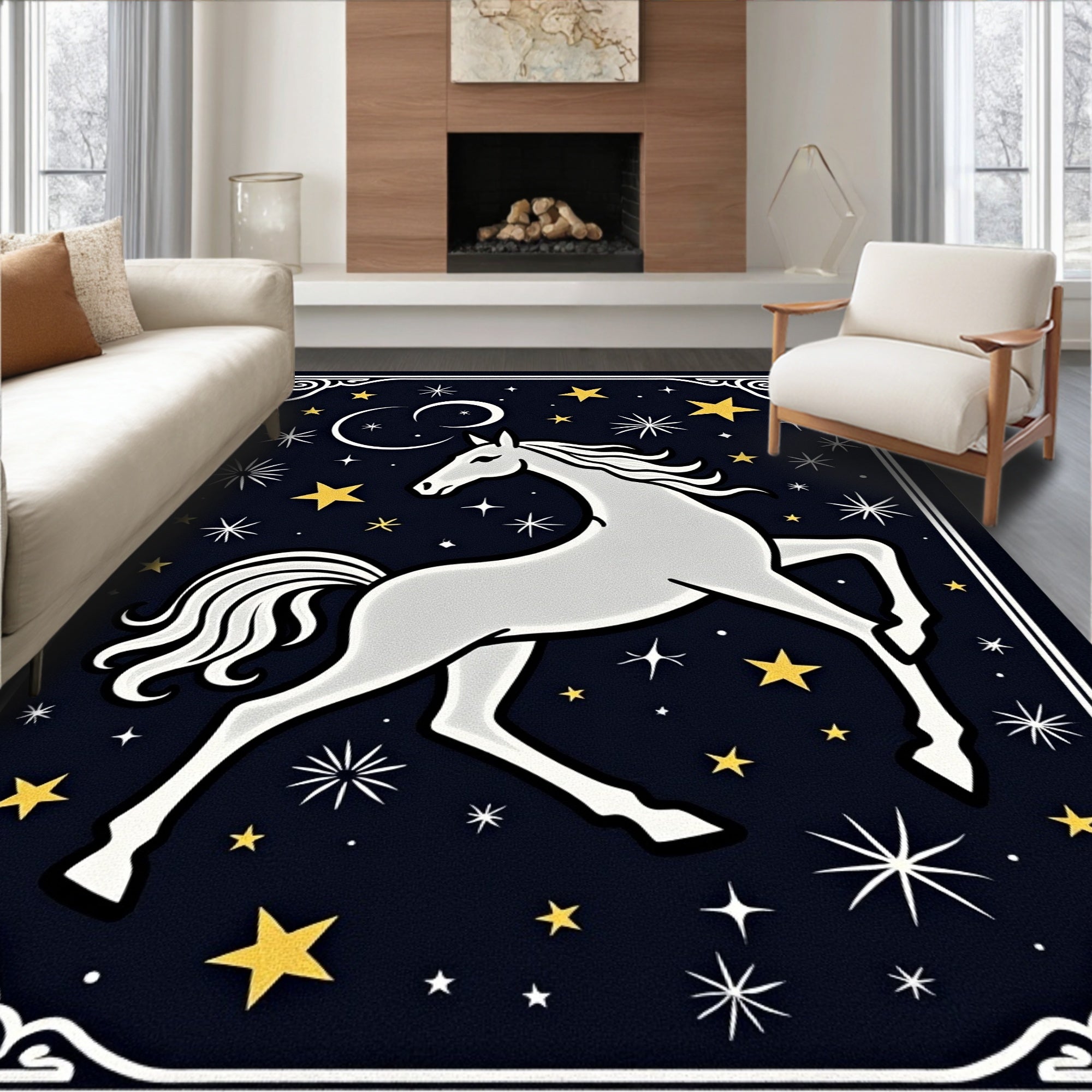 Celestial White Horse Starry Night Rug