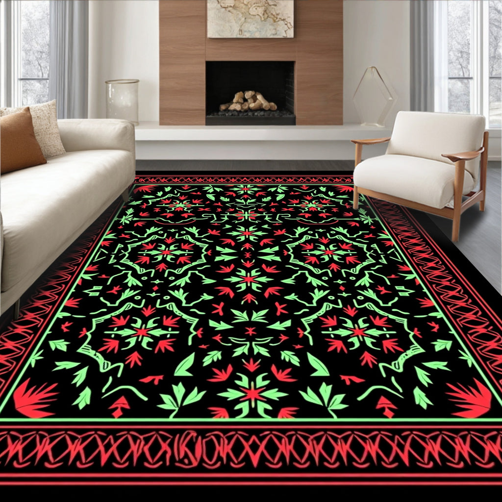 Bold Red Green Floral Medallion Border Rug