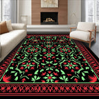 Bold Red Green Floral Medallion Border Rug
