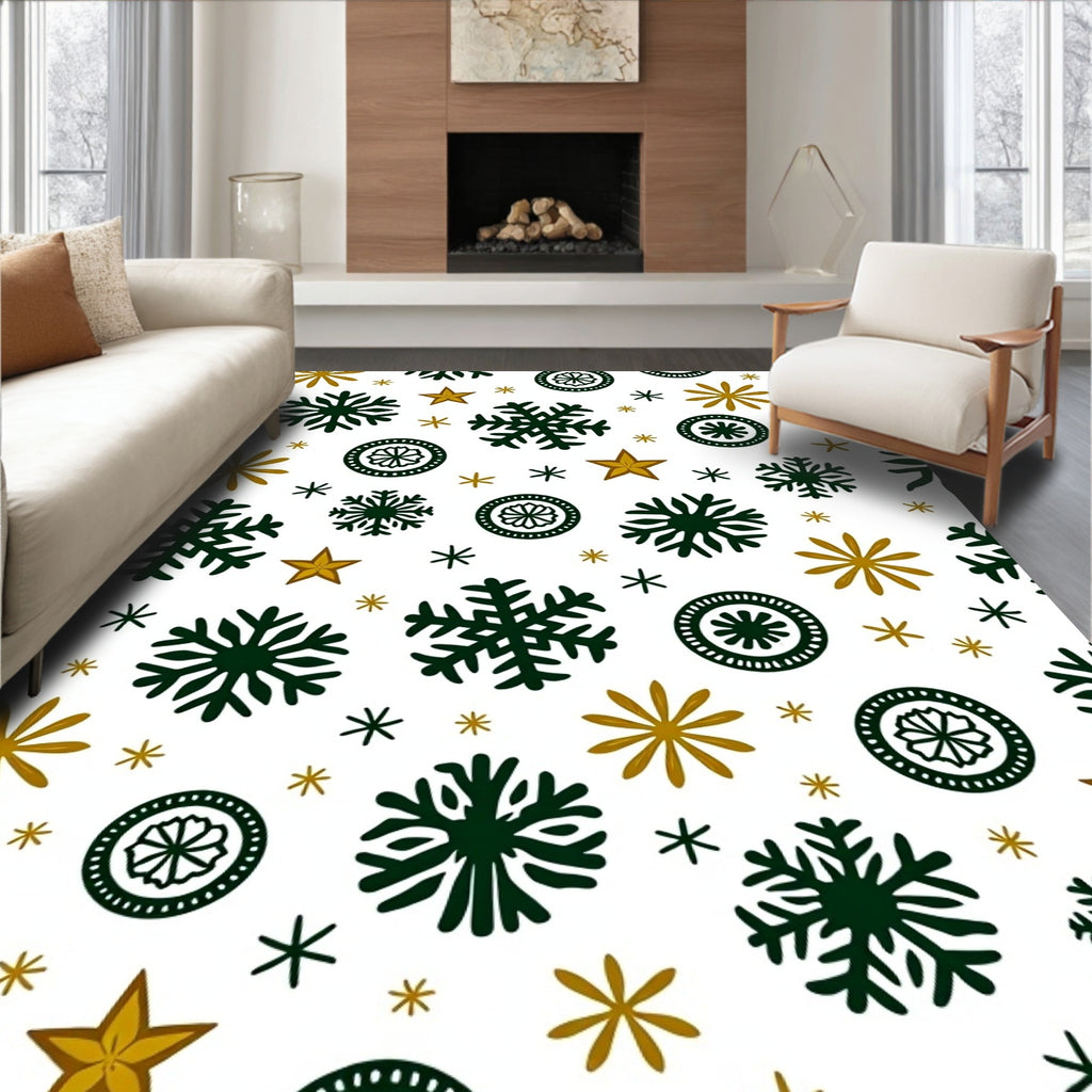 Dark Green Gold Snowflake Star Scatter Rug