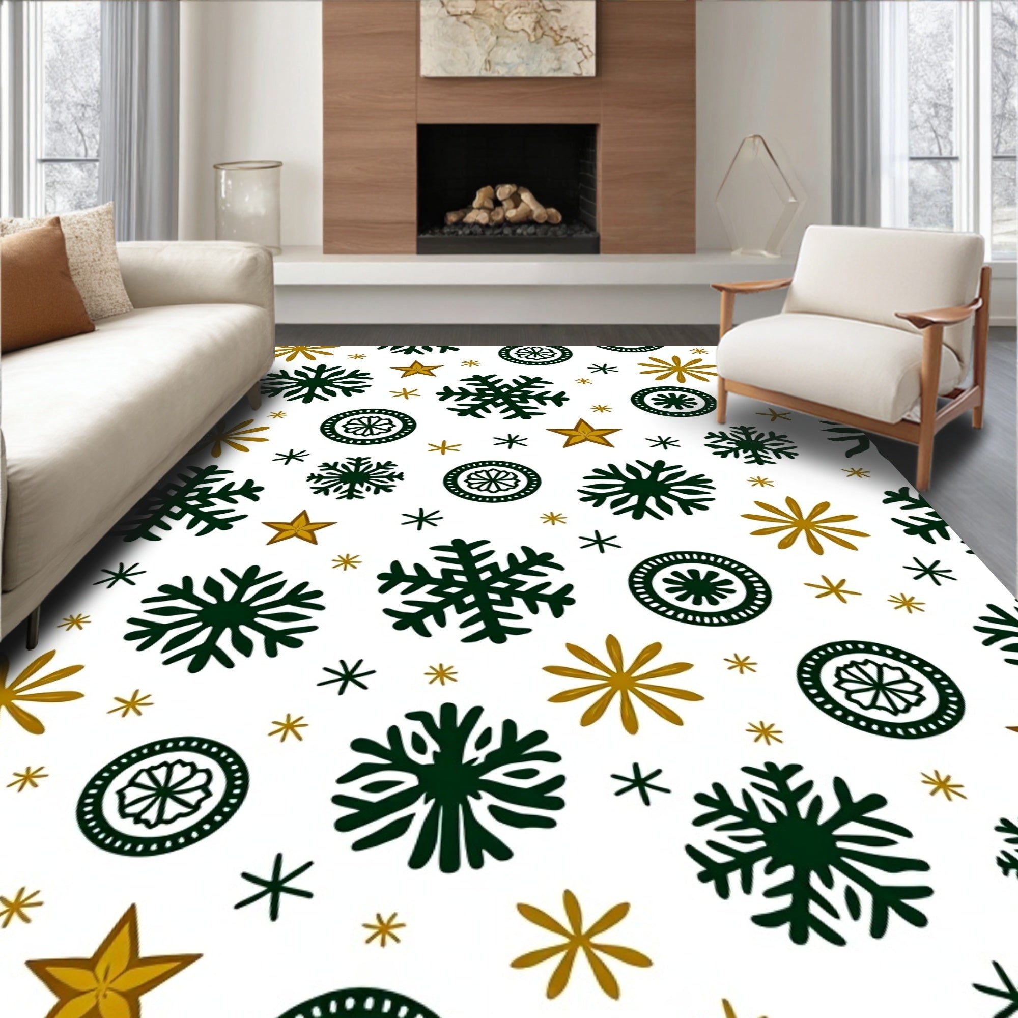 Dark Green Gold Snowflake Star Scatter Rug