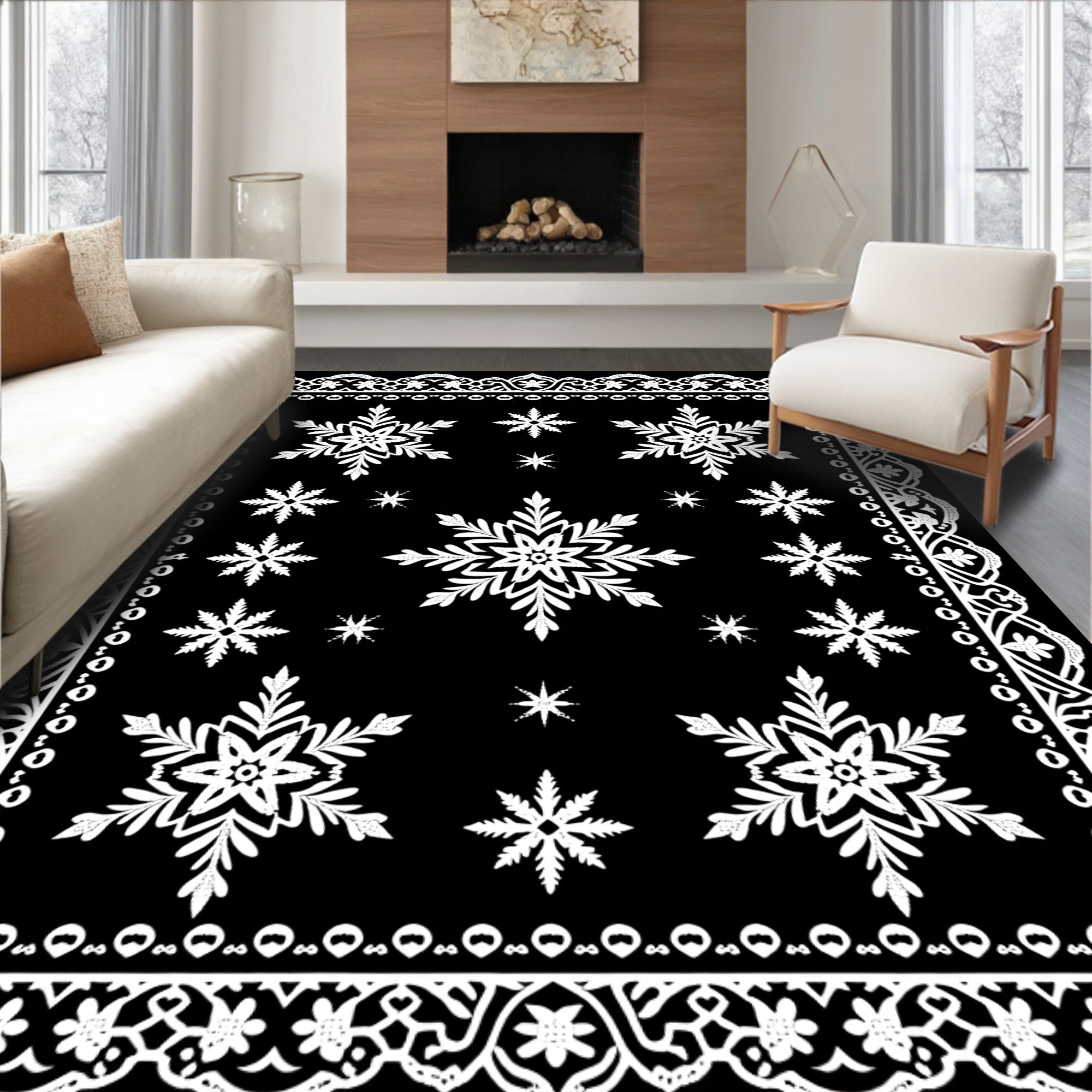 Black White Snowflake Winter Lace Rug