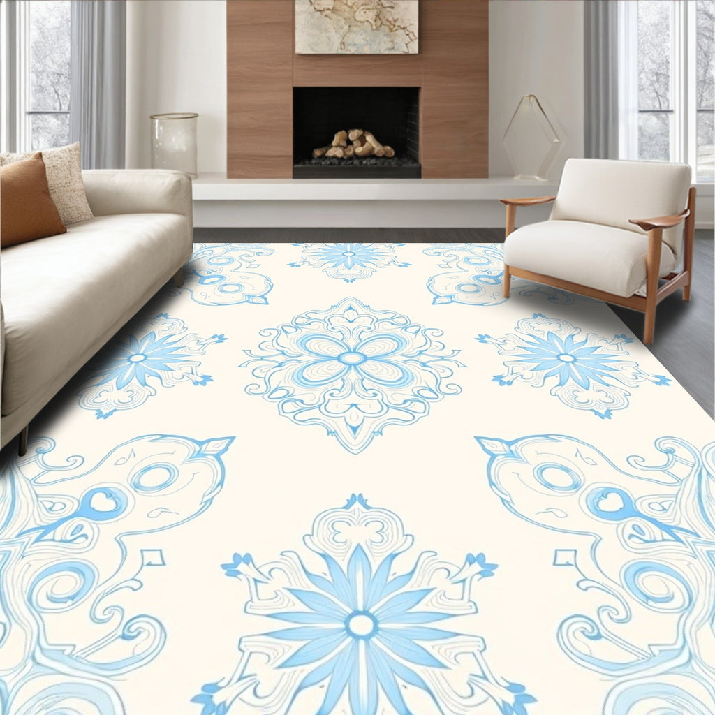 Soft Blue Ornamental Mandala Rug