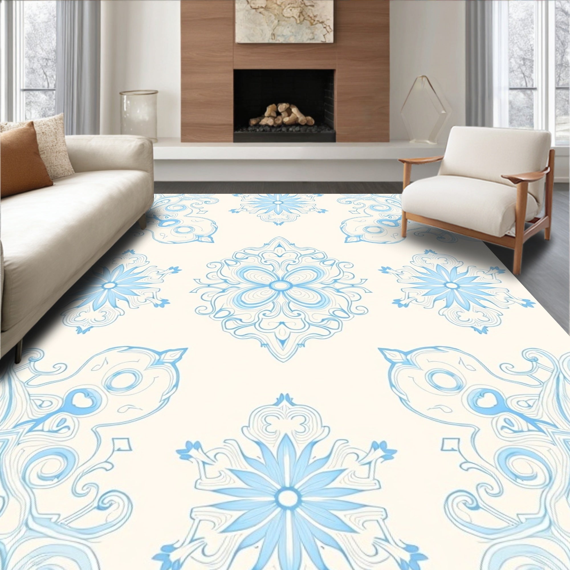 Soft Blue Ornamental Mandala Rug