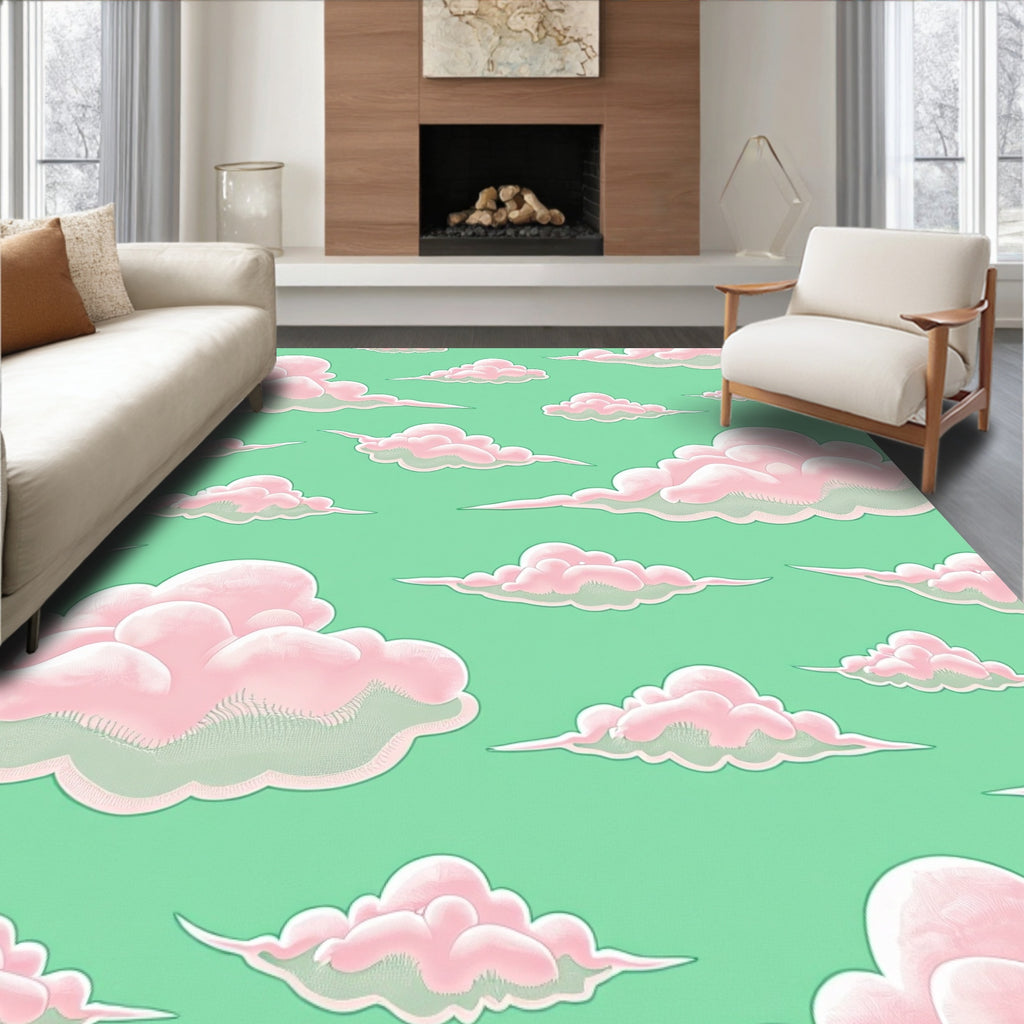 Dreamy Pink Clouds Green Sky Rug