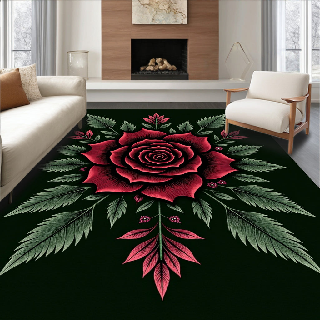 Crimson Rose Botanical Illustration Rug