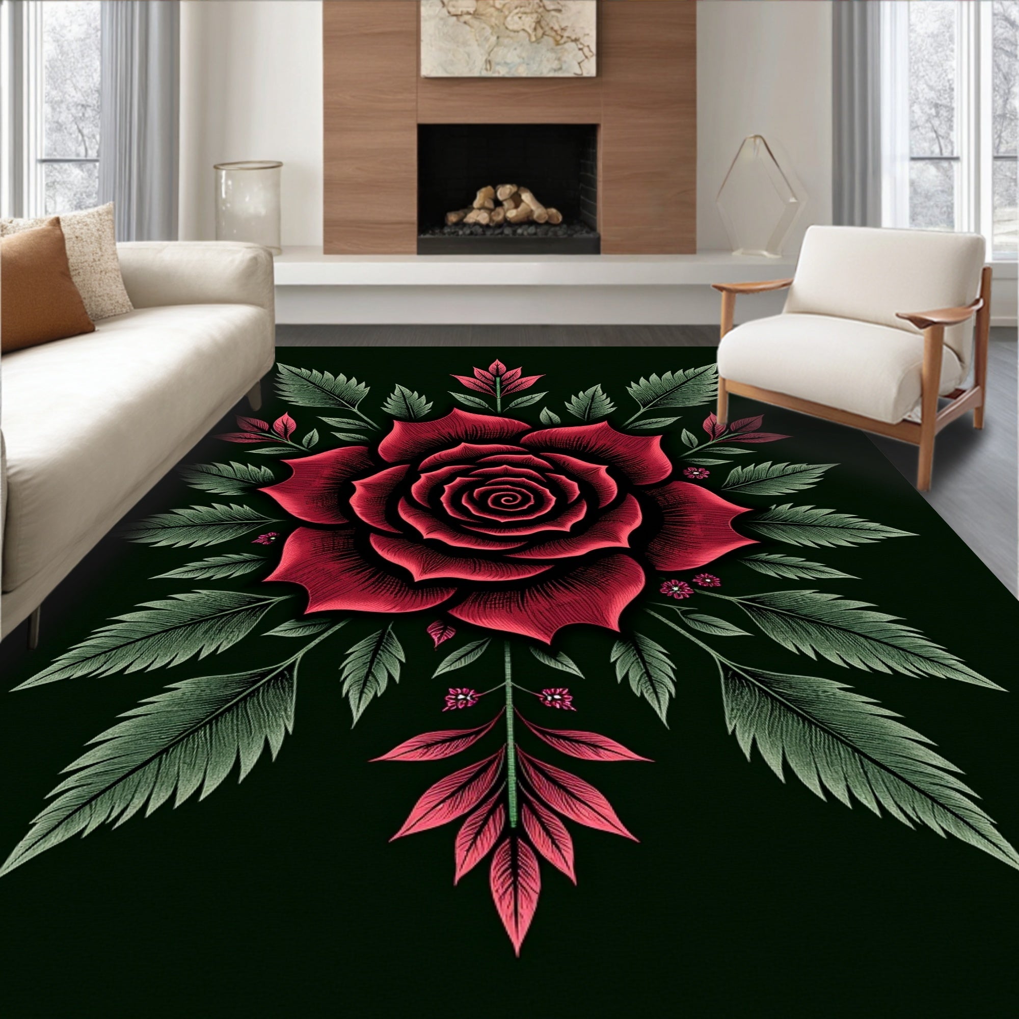 Crimson Rose Botanical Illustration Rug