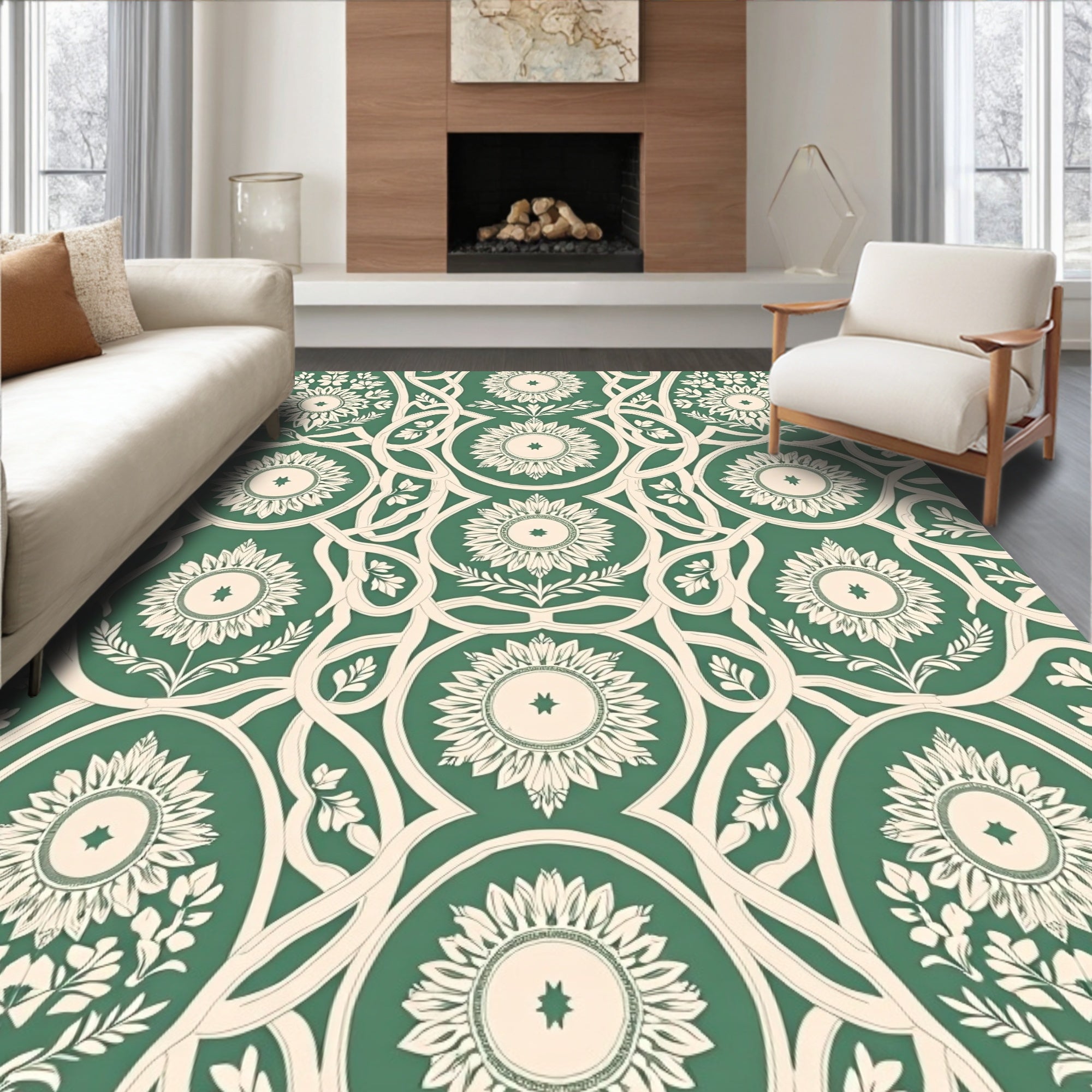 Emerald Green Sunburst Floral Medallion Rug