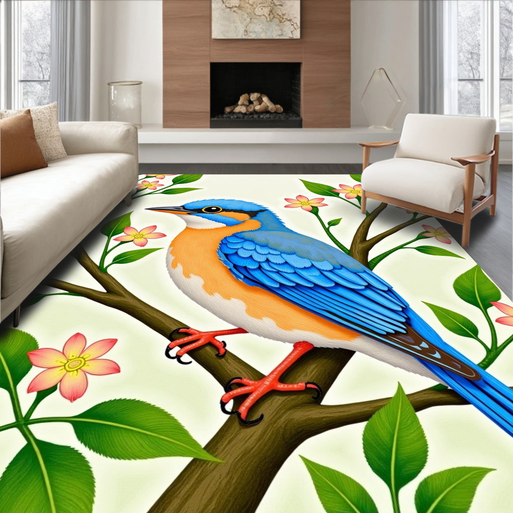 Whimsical Blue Bird Pink Blossom Branch Rug