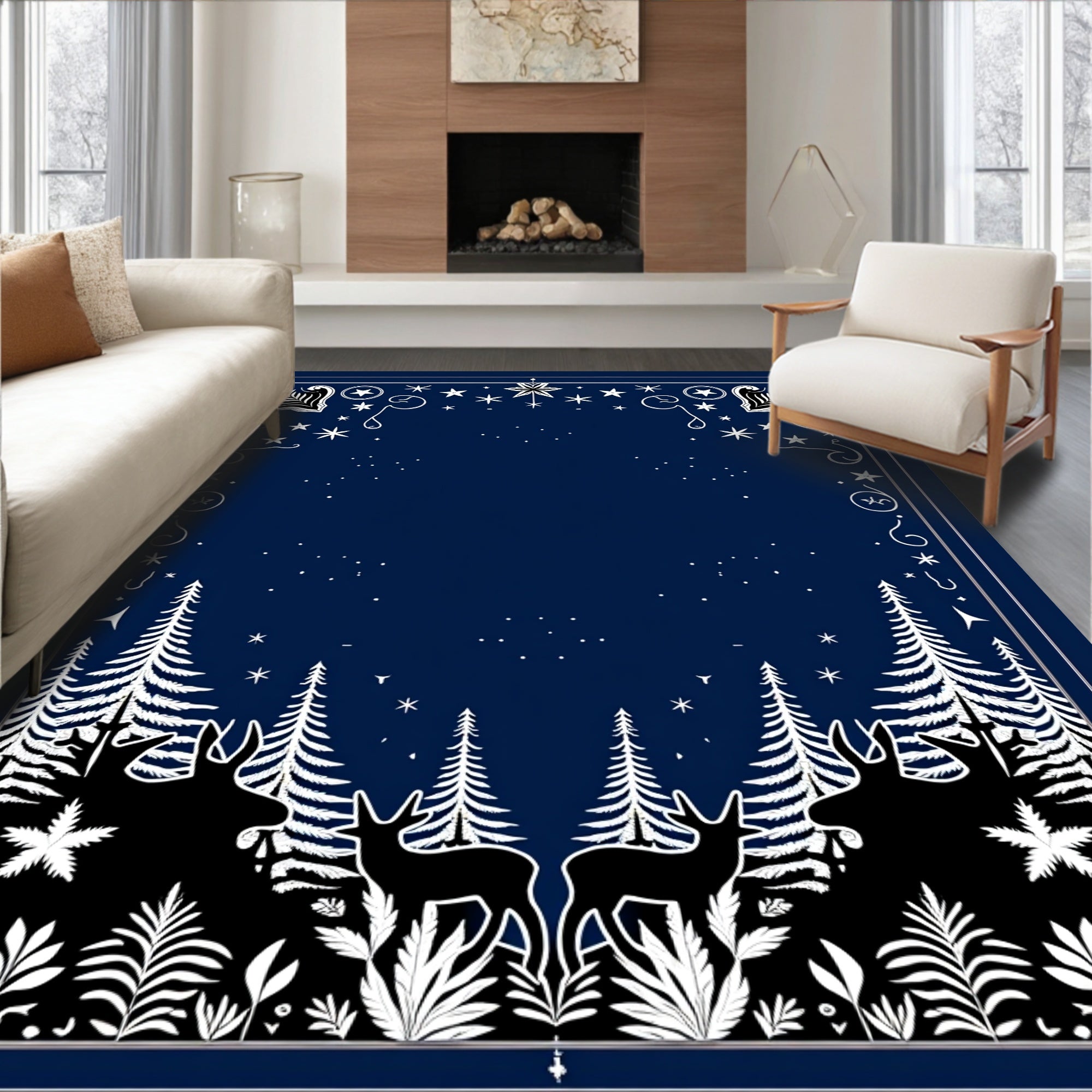 Deep Blue Woodland Snowy Starry Night Rug
