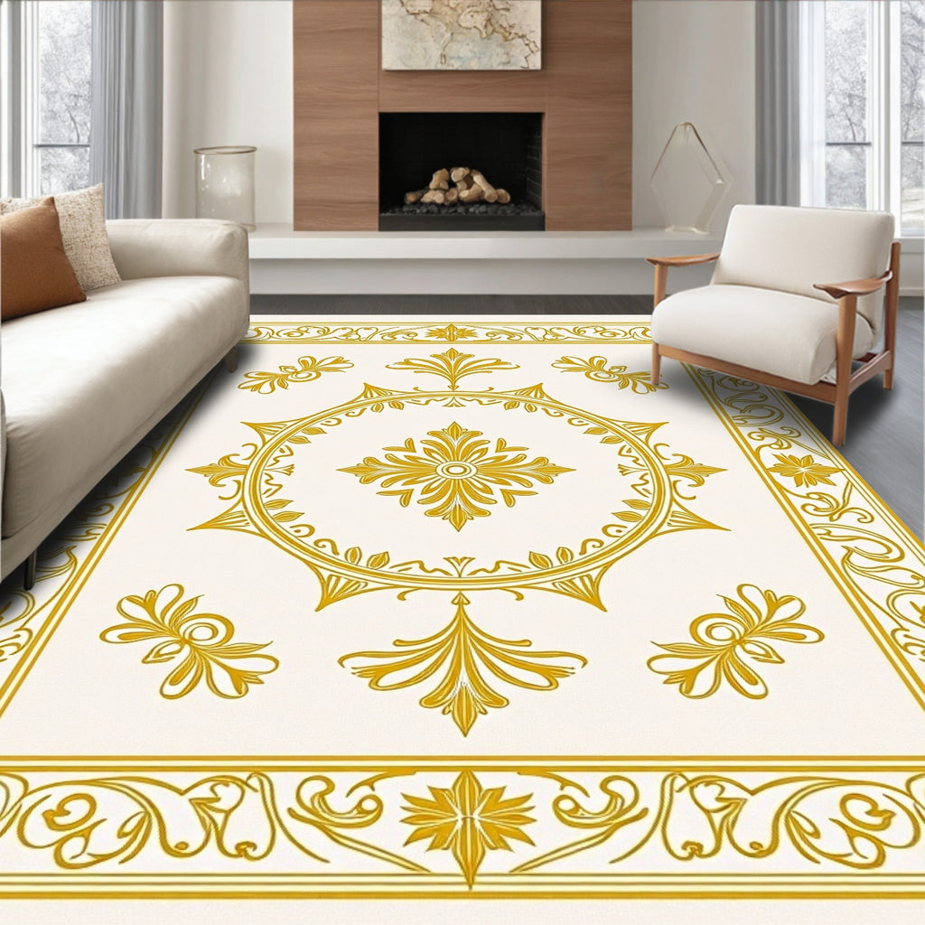 Golden Ivory Ornate Medallion Border Rug