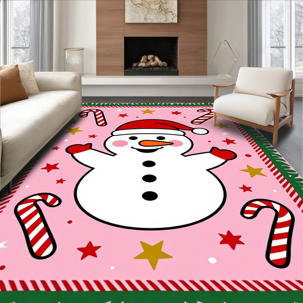 Pink Snowman Candy Cane Star Border Rug