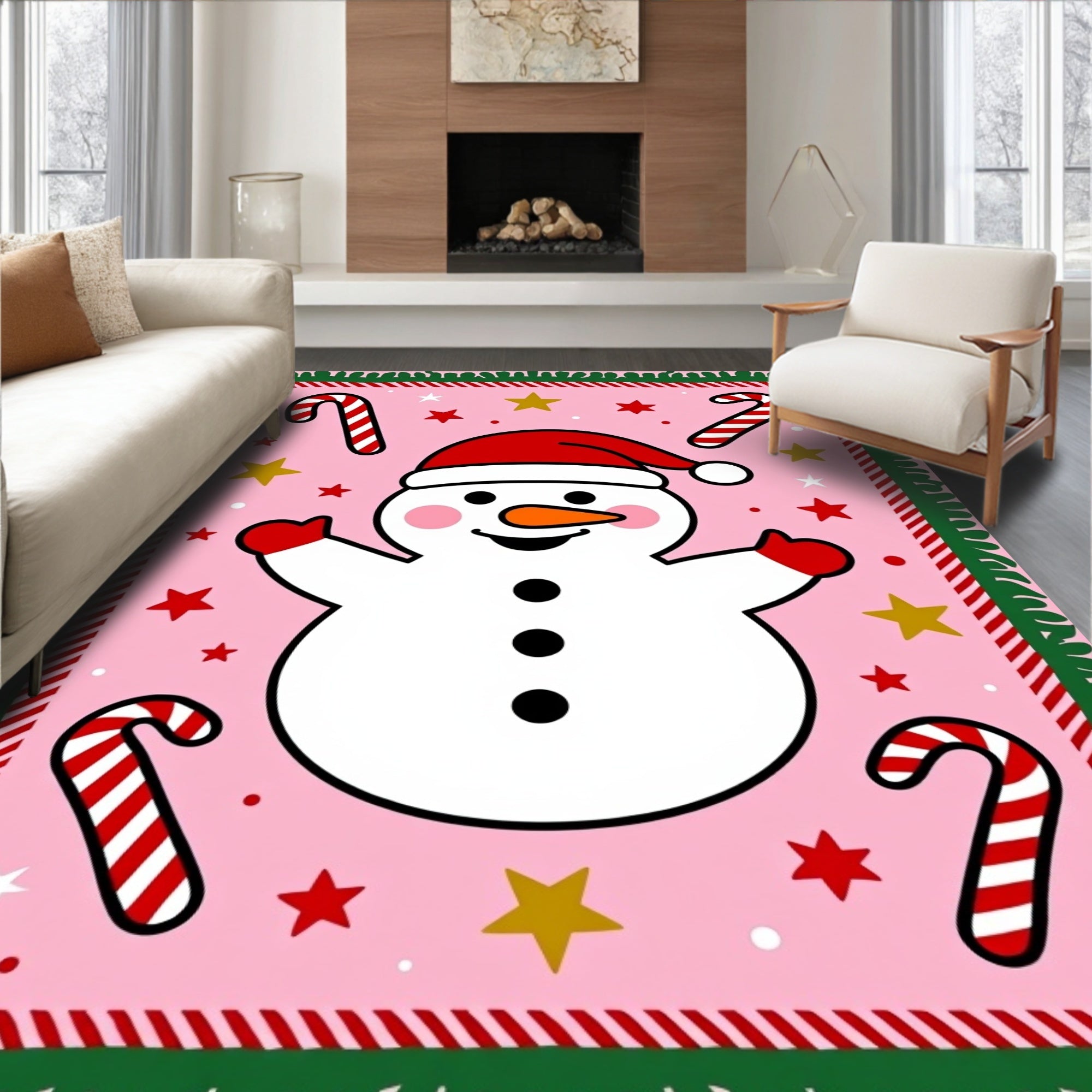 Pink Snowman Candy Cane Star Border Rug