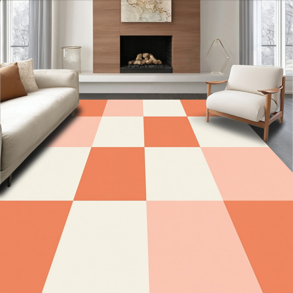 Coral Peach Cream Checkerboard Squares Rug
