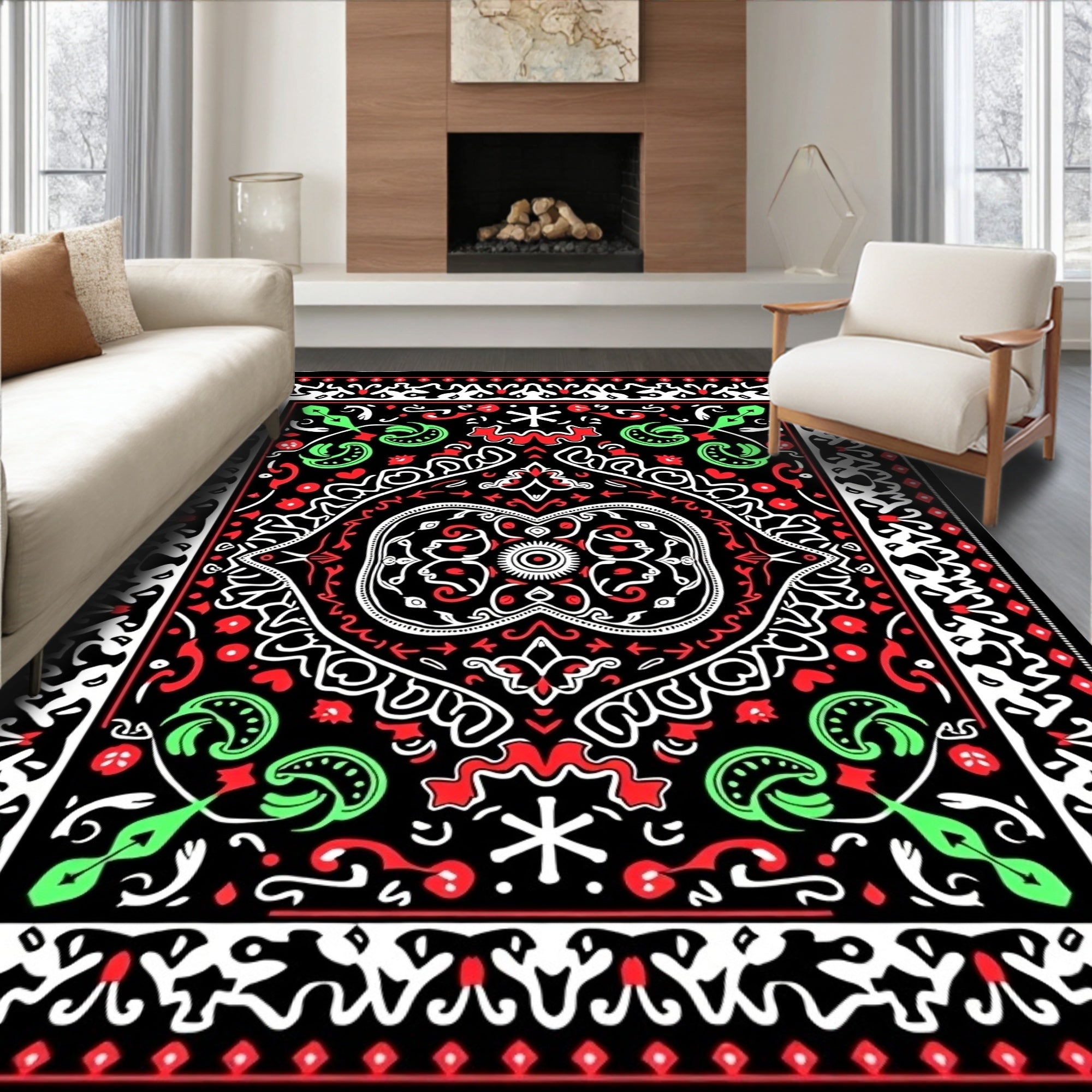 Bold Black Red Green Medallion Rug