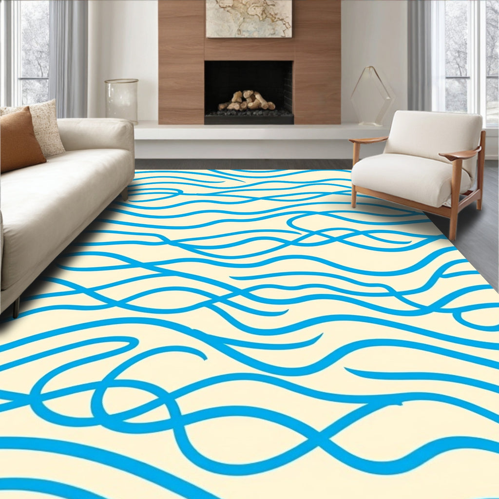 Blue Wavy Lines Cream Rug