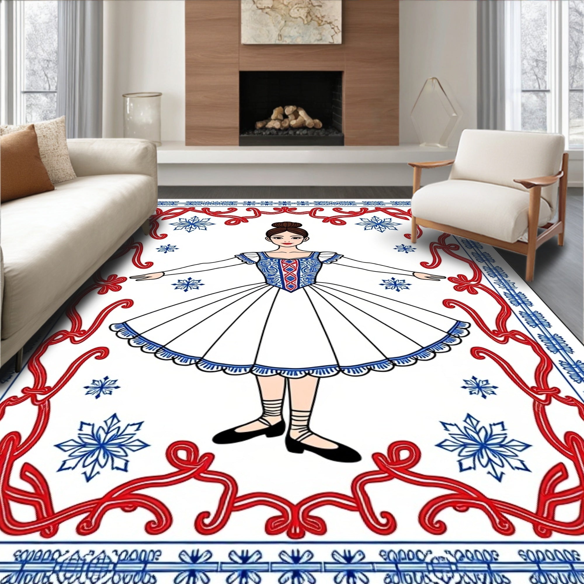 Ballet Dancer Snowflake Red Blue Border Rug