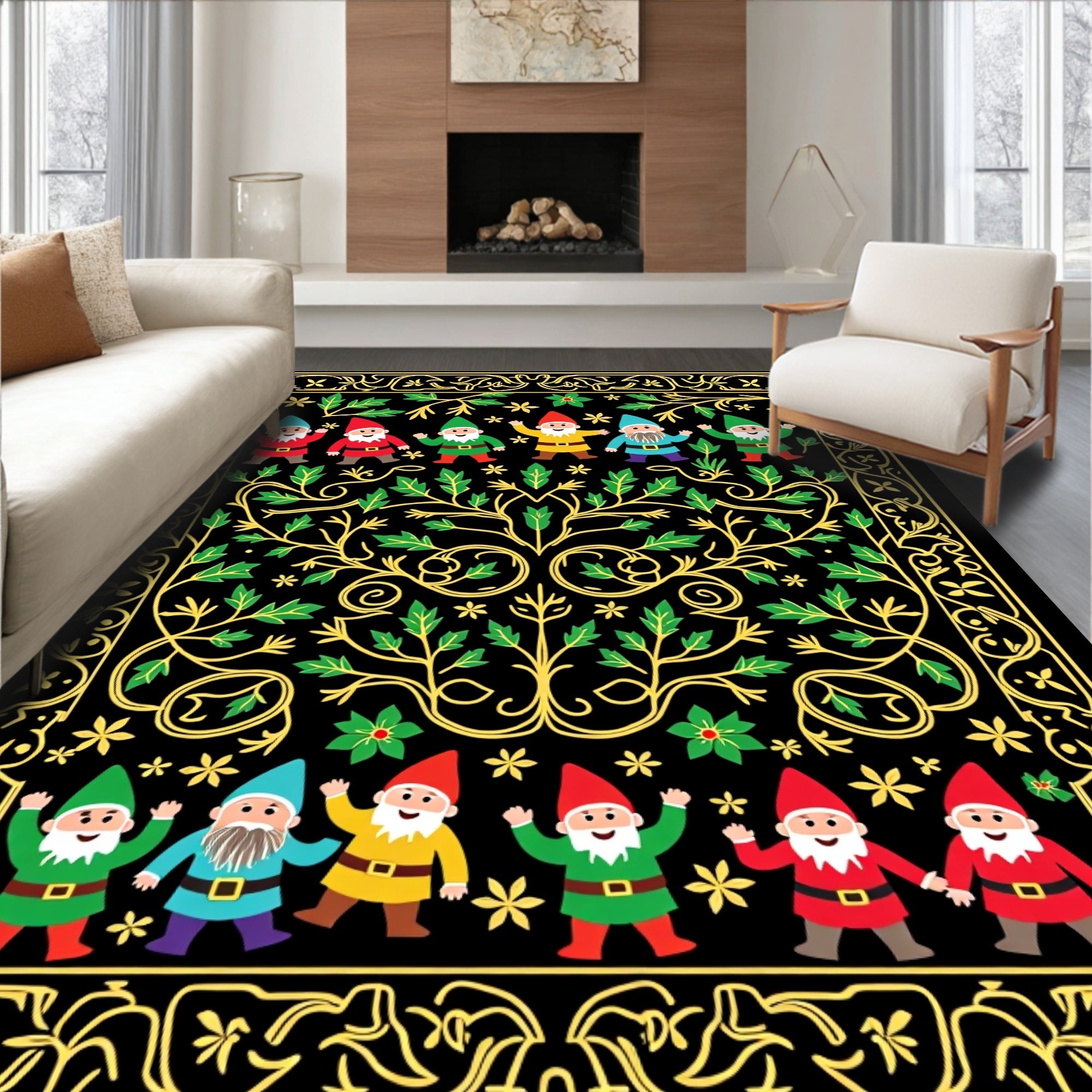 Enchanted Garden Gnomes Floral Border Rug