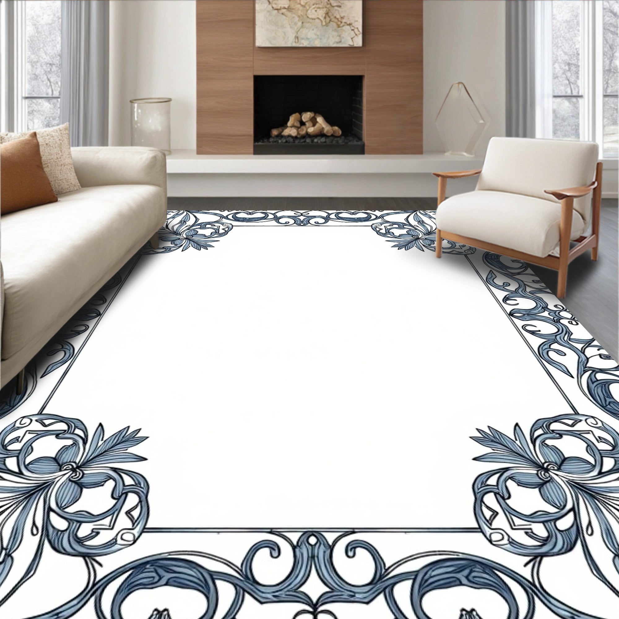 Blue Floral Scrollwork Border Rug
