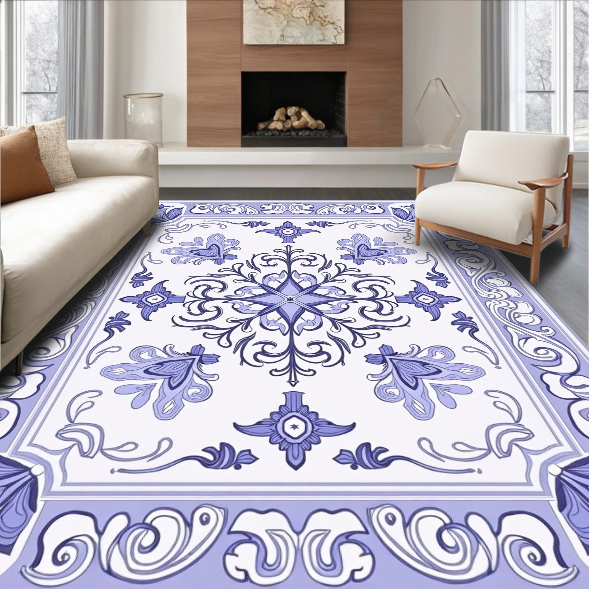 Periwinkle Floral Scroll Medallion Rug