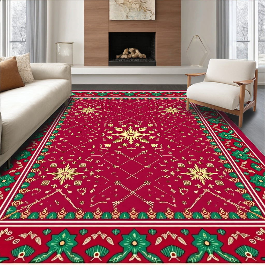 Crimson Red Golden Floral Border Rug