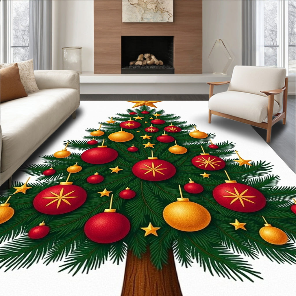 Festive Red Gold Star Ornaments Tree Rug
