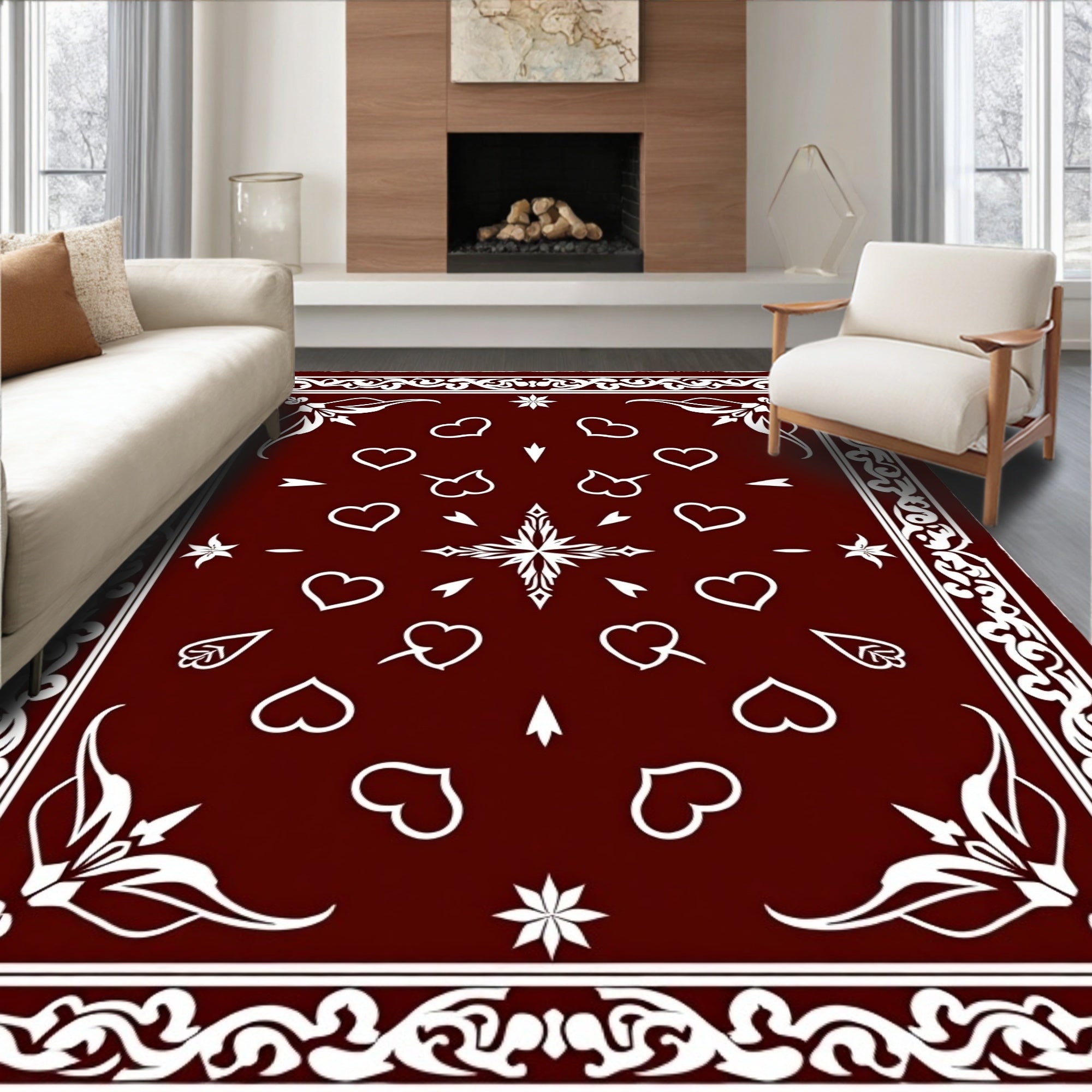 Deep Red Heart Scatter Border Rug