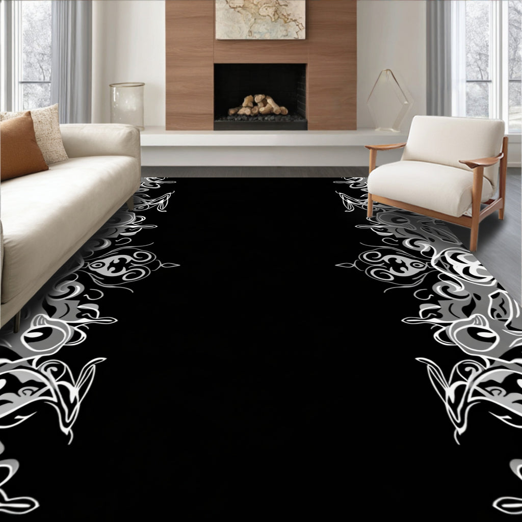 Monochrome Swirl Border Abstract Rug