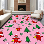Whimsical Red Dinosaur Christmas Trees Rug
