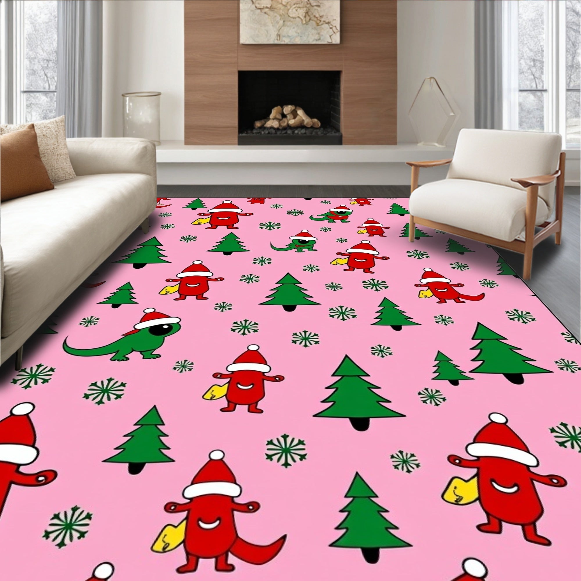 Whimsical Red Dinosaur Christmas Trees Rug