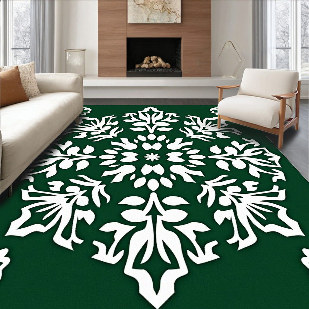 Emerald Green White Floral Medallion Rug